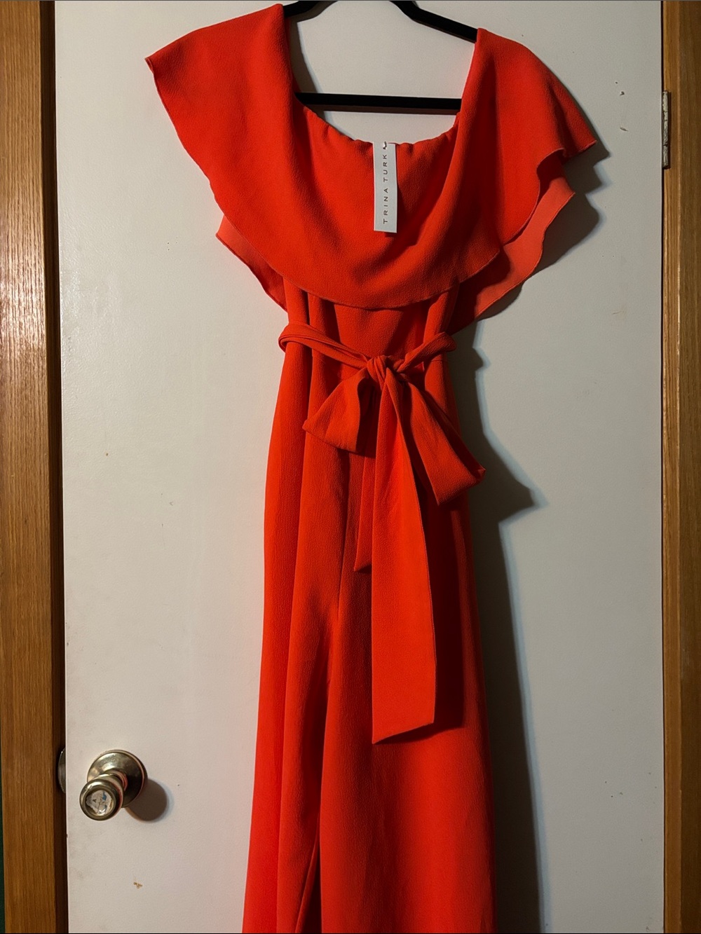 Trina Turk Bright Orange Ruffle-Neck Jumpsuit with Tie Waist